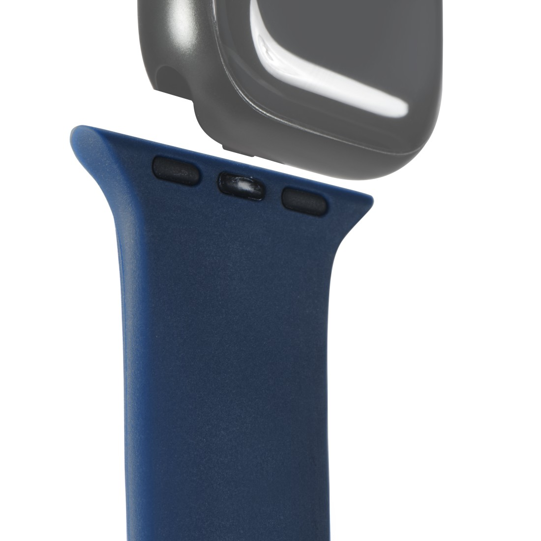 Blaues Uhrenarmband und ein graues Uhrengehäuse mit drei schwarzen Knöpfen.