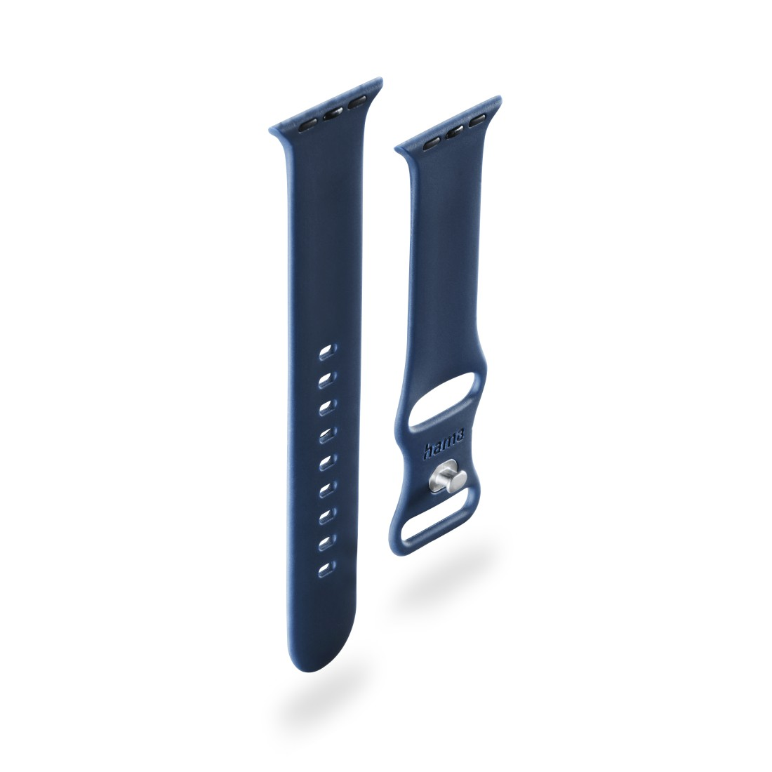 Zwei marineblaue Uhrenarmbänder, abgenommen. Der linke hat Löcher, der rechte einen Verschluss.
