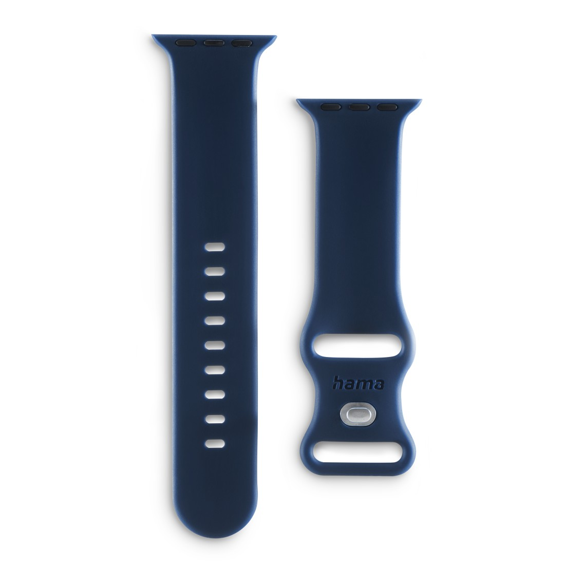 Zwei dunkelblaue Apple Watch Armbänder, eines lang, eines kurz, auf weißem Grund.