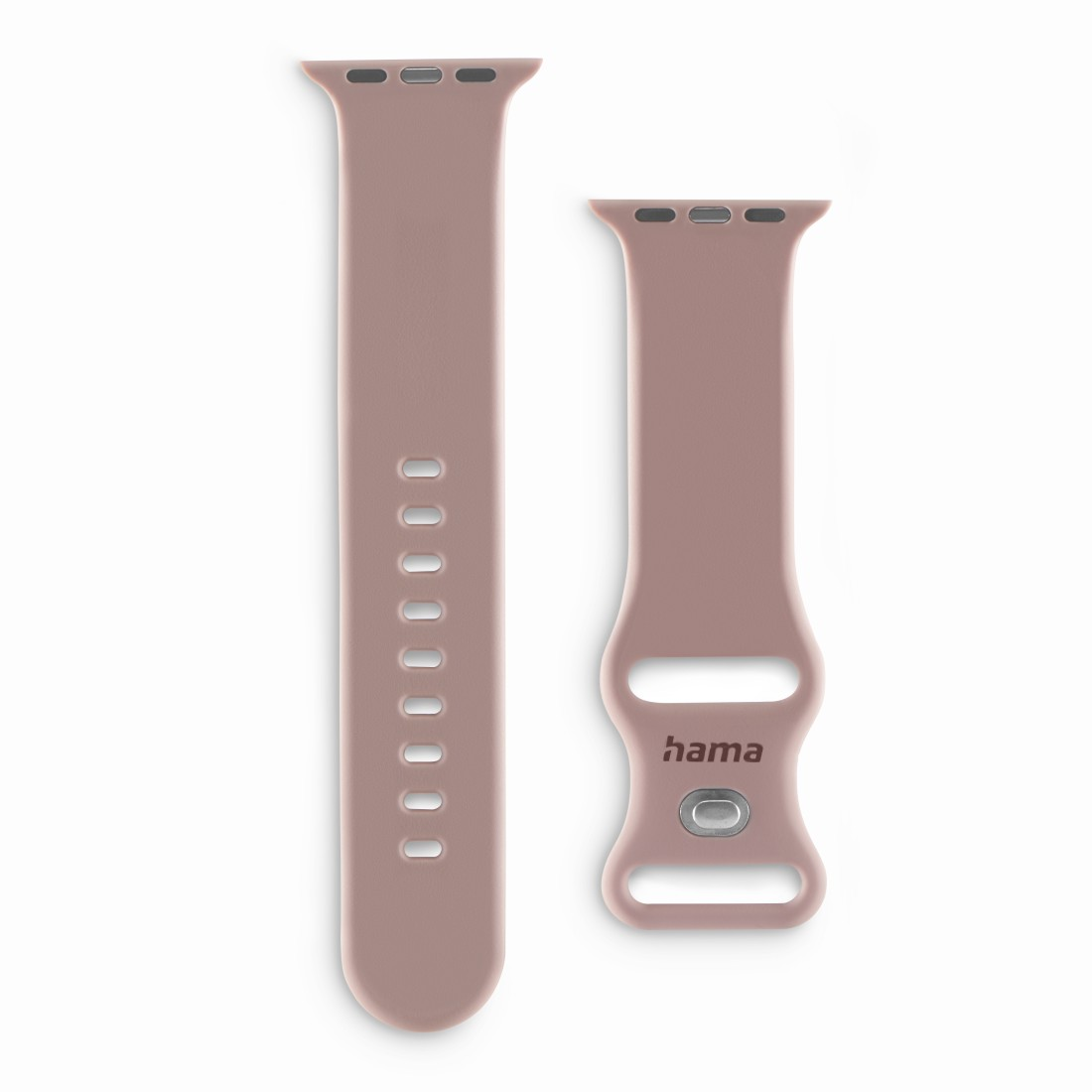 Zwei rosa Apple Watch Armbänder. Eines hat Löcher zur Größenanpassung, das andere ist die Schnalle.