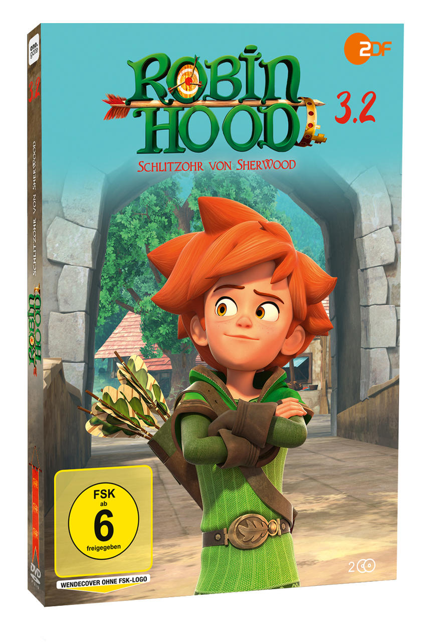 DVD-Hülle mit Robin Hood-Animation, ein junger Junge mit Pfeil und Bogen und der Titel.