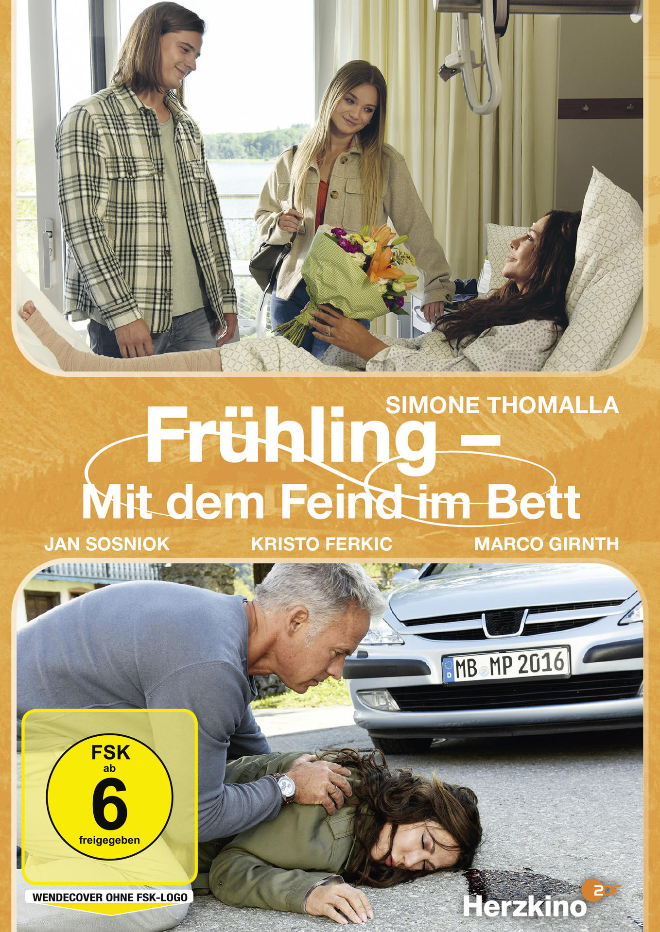 Ein Filmplakat mit drei Personen an einem Auto und einer Frau im Bett. Der Titel ist 'Frühling'.
