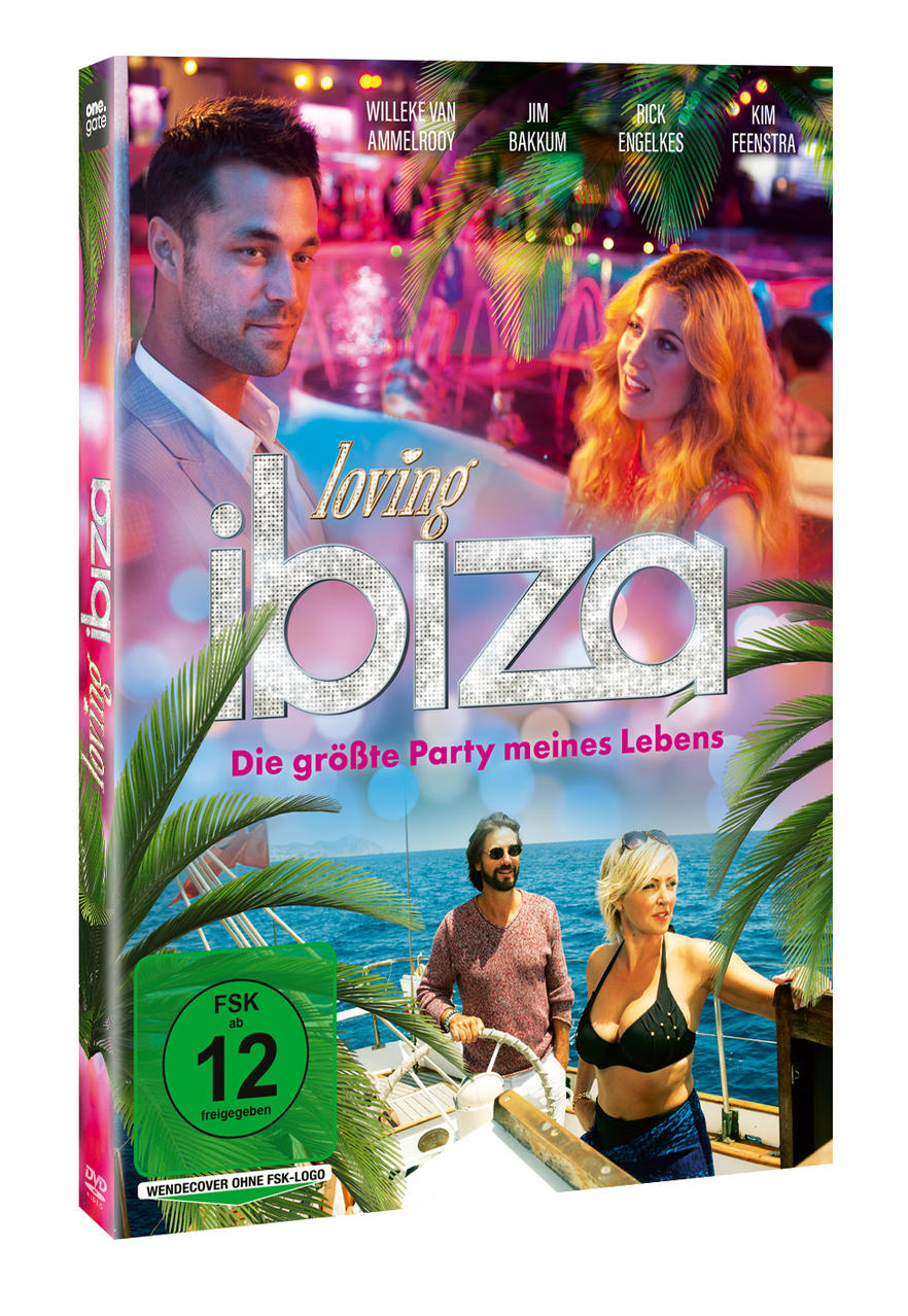 DVD-Cover mit drei Personen auf einem Boot, Palmen und dem Titel 'Loving Ibiza'.