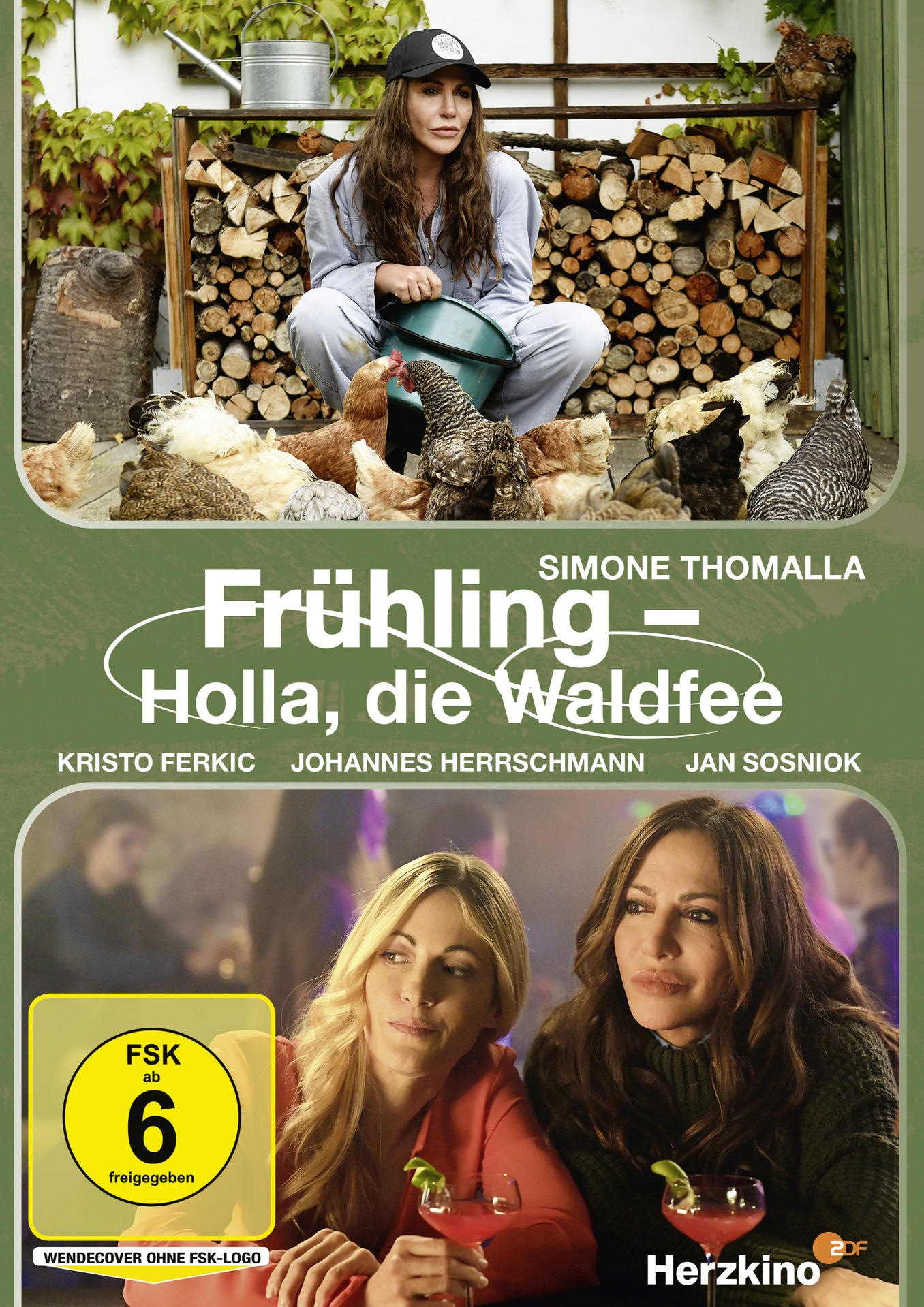 DVD-Cover von 'Frühling - Holla, die Waldfee'. Frau mit Hühnern, zwei Frauen an einer Bar. FSK 6-Aufkleber.