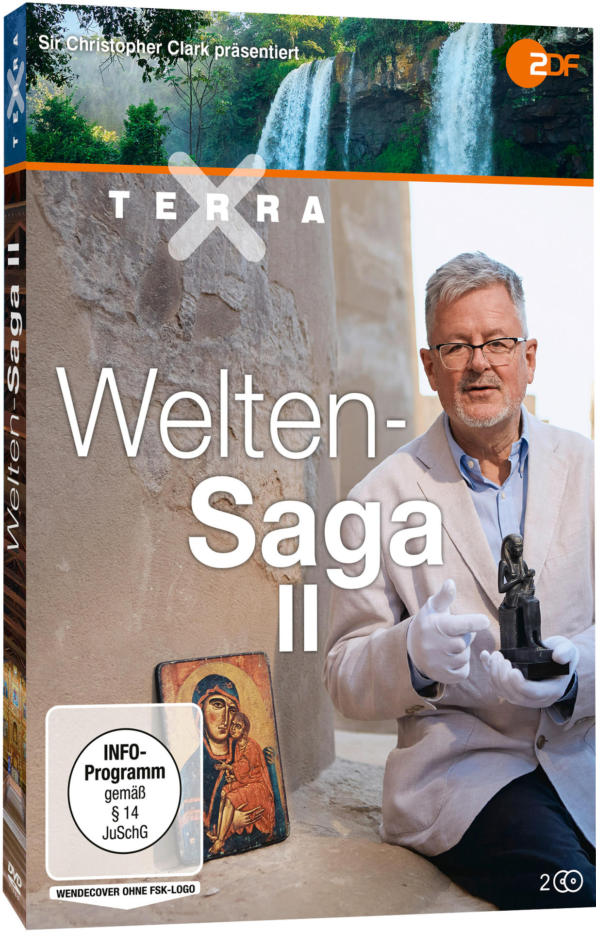 DVD-Box, Terra Welten-Saga II, mit einem Mann, der eine Statue hält, mit Text.