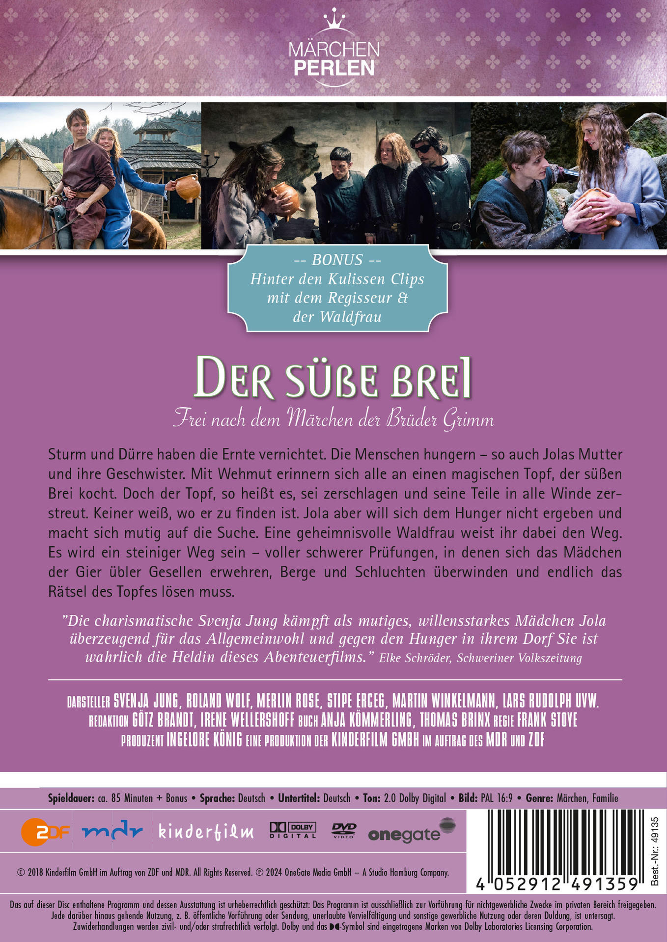 DVD-Cover: Deutscher Text, Menschen in mittelalterlicher Kleidung und ein Pferd. 'Der Süße Brei'.