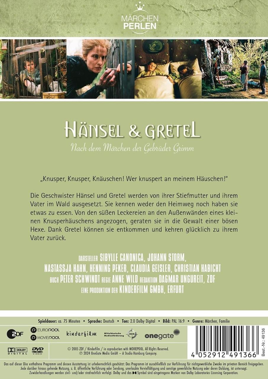 Rückseite einer DVD, Hänsel & Gretel, mit Text auf Deutsch. Bilder aus dem Film werden gezeigt.