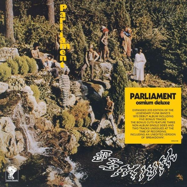 Albumcover von Parliament's Osmium Deluxe. Menschen in Kostümen stehen auf einem felsigen Hügel.