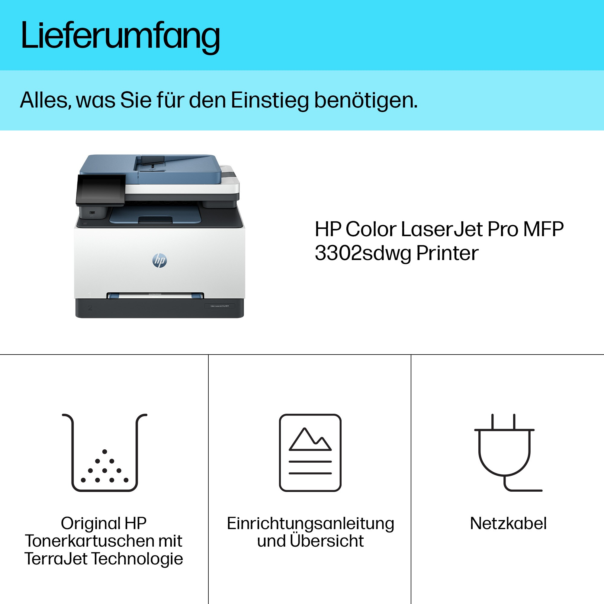 HP Color LaserJet Pro MFP 3302sdwg Drucker mit Tonerkartusche, Anleitung und Netzkabel.