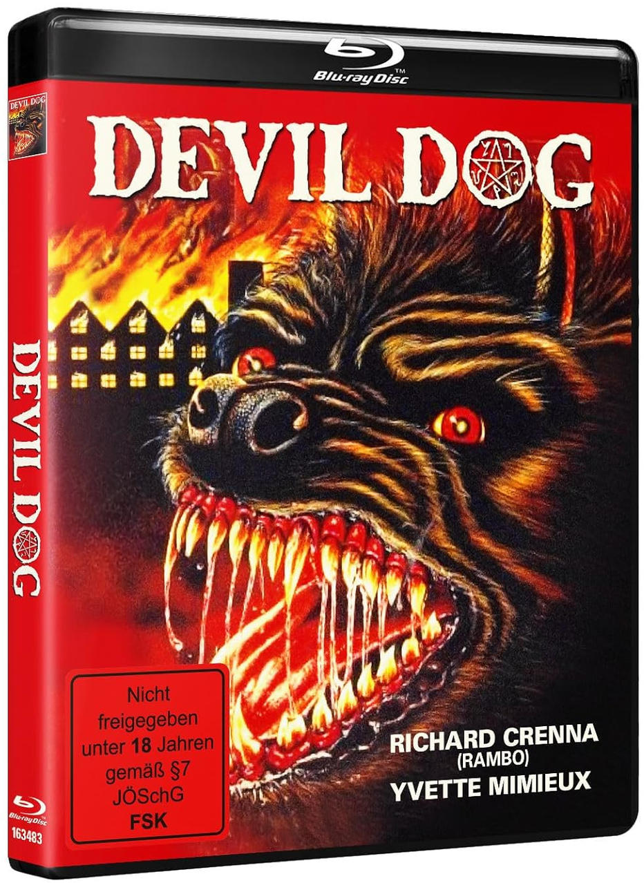 DVD-Hülle für 'Devil Dog' mit Hundefratze und rotem Text auf rotem Grund.