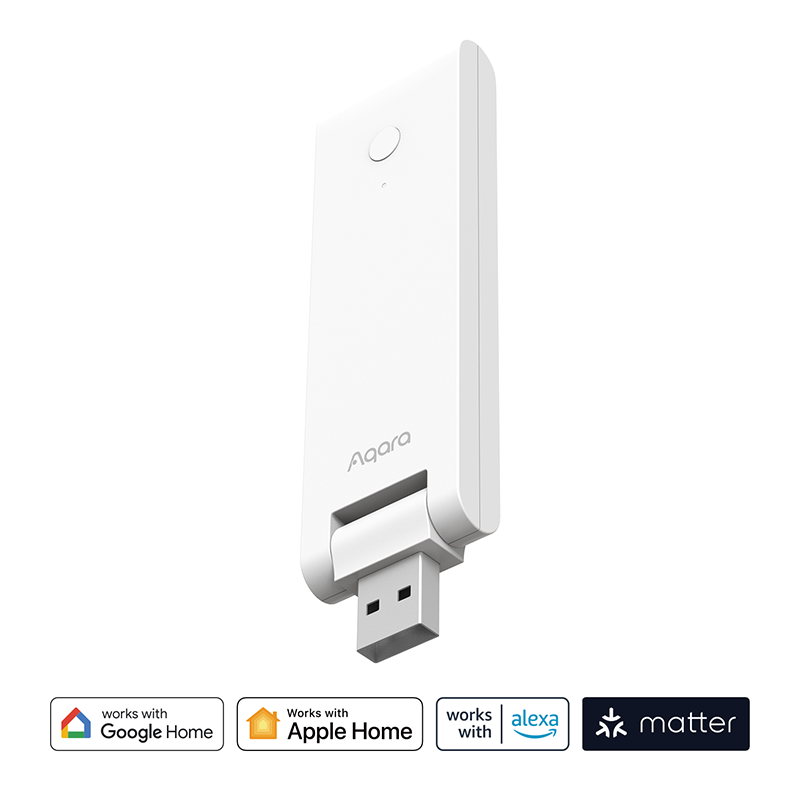 USB'li beyaz Aqara akıllı ev hub'ı, Google Home, Apple Home, Alexa ve Matter logolarıyla.