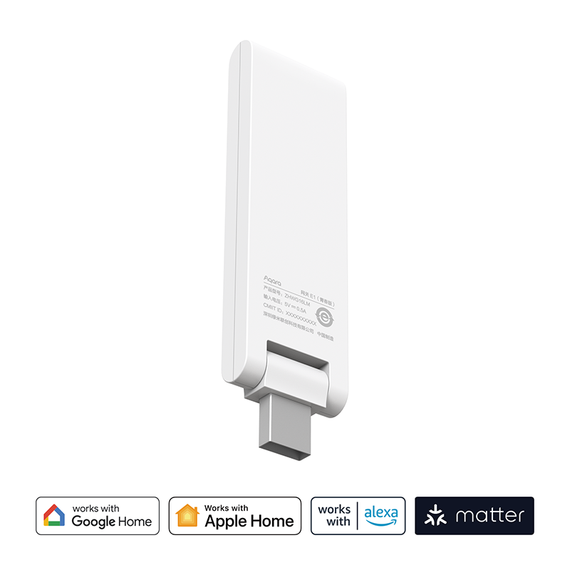 USB konektörlü beyaz akıllı ev cihazı ve Google ve Apple Home logoları.