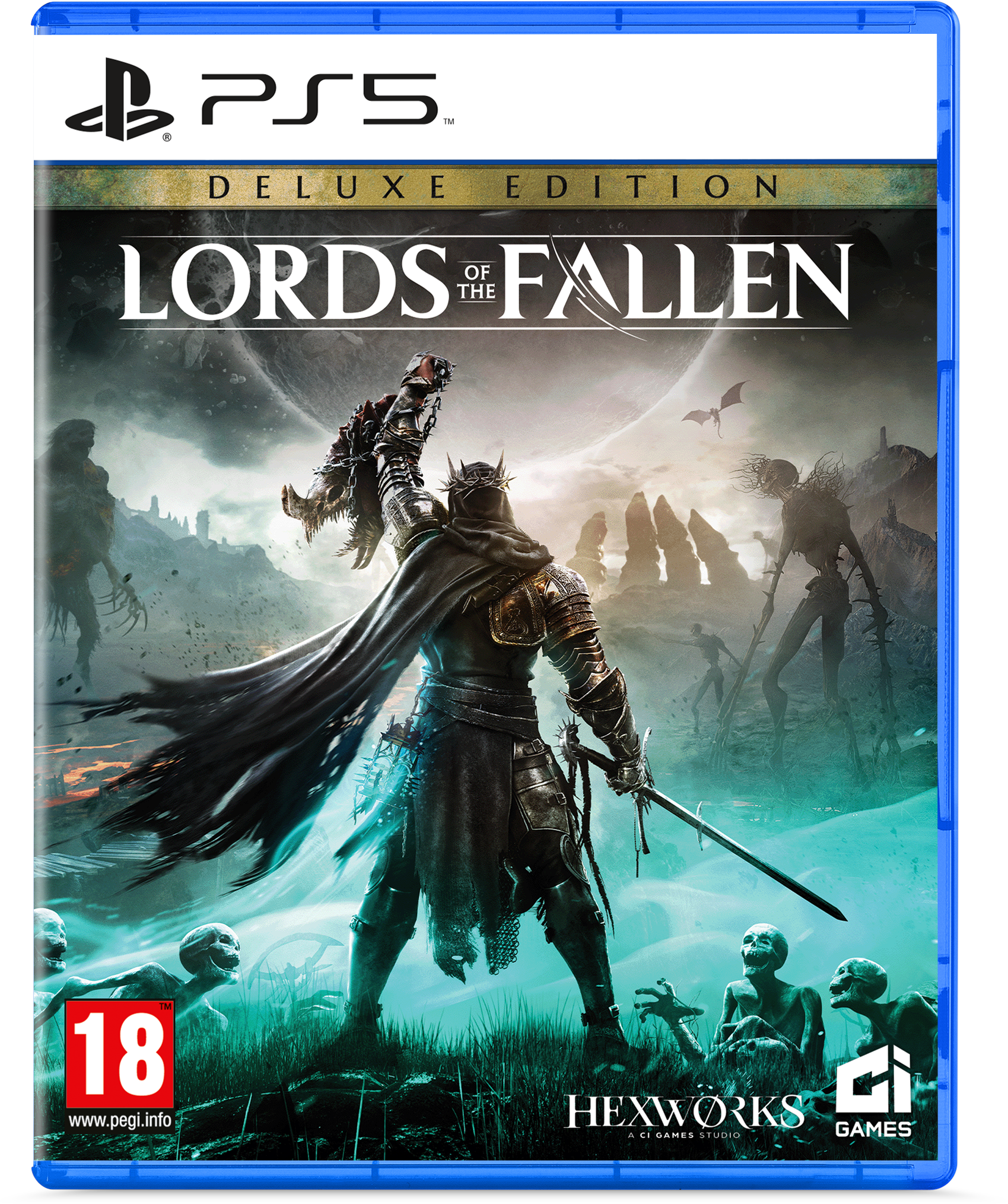 Okładka gry: Wojownik w zbroi, z podniesionym mieczem, otoczony potworami i zamkiem w mrocznym krajobrazie.