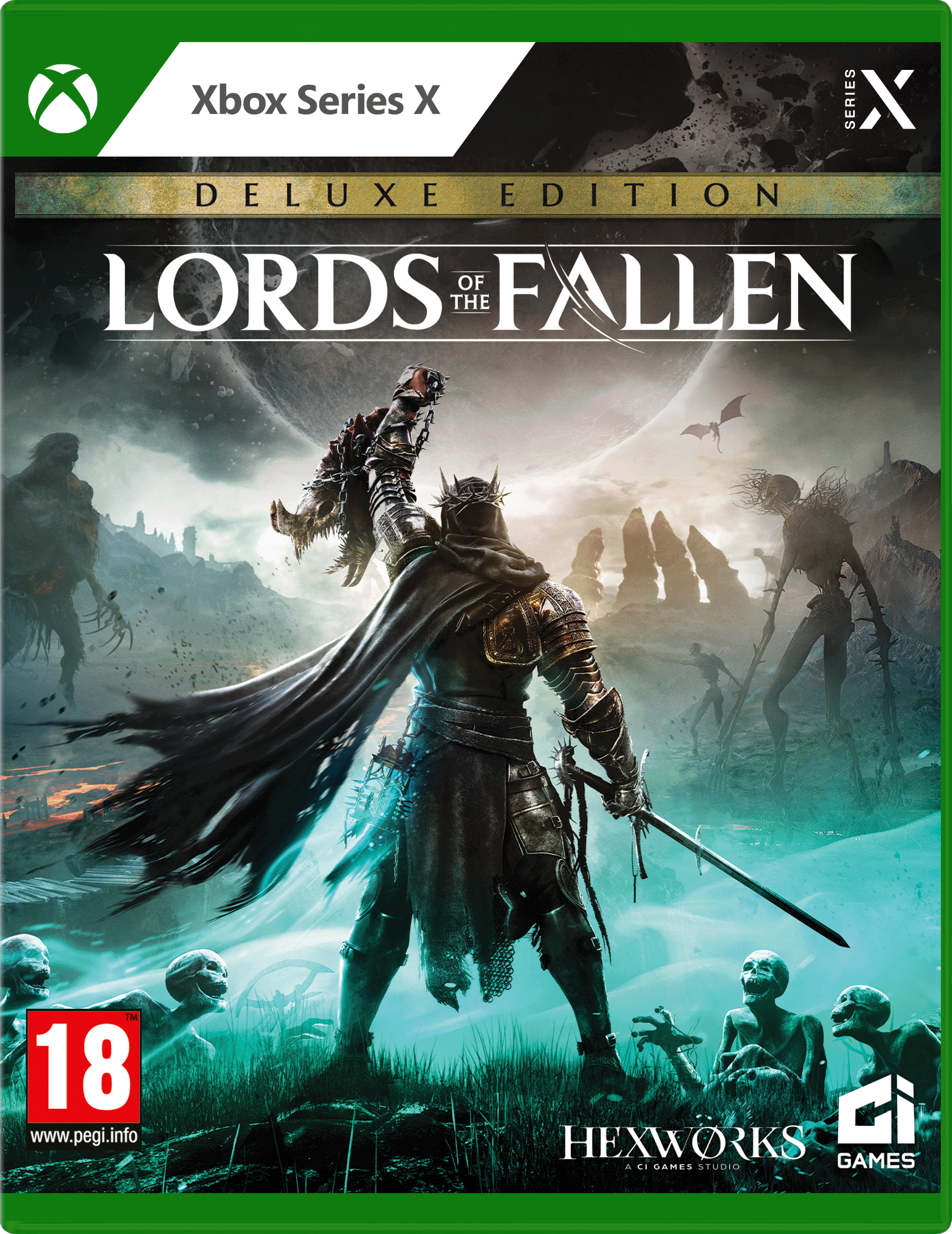 Okładka gry Lords of the Fallen Deluxe Edition. Rycerz z mieczem na ciemnym tle.
