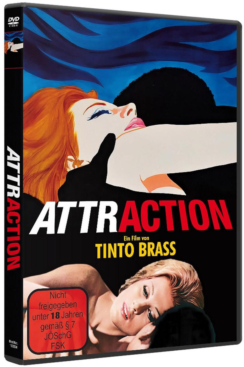 DVD-Cover des Films "Attraction". Das Gesicht einer Frau wird von einer behandschuhten Hand berührt. Roter Titel, schwarzer Hintergrund.