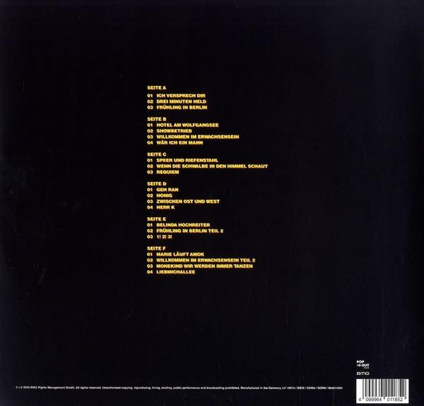 Vinylplatte mit Text auf der Rückseite. Text auf Deutsch, mit Titellisten und Credits.