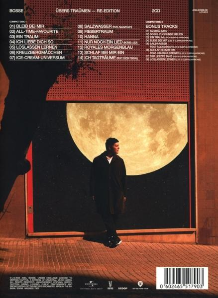 CD-Rückseite. Ein Mann steht vor einem großen Mond. Text auf Deutsch.