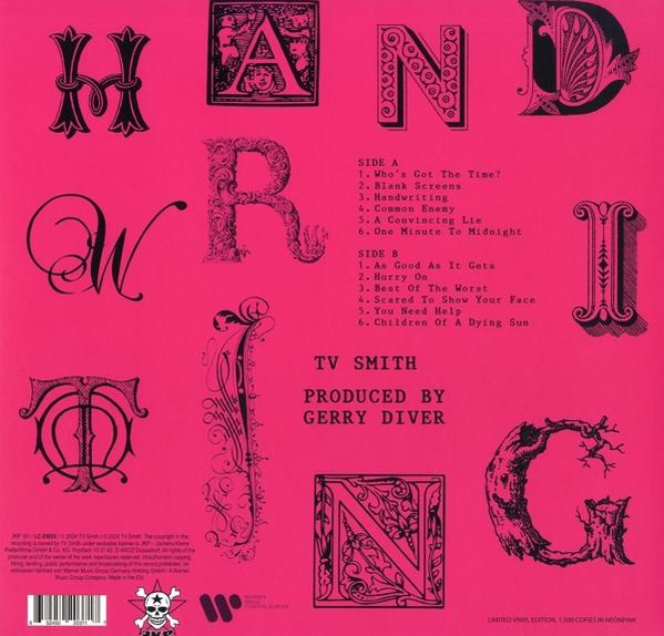 Albumcover mit verzierten Buchstaben "HAND" und Trackliste auf Pink.