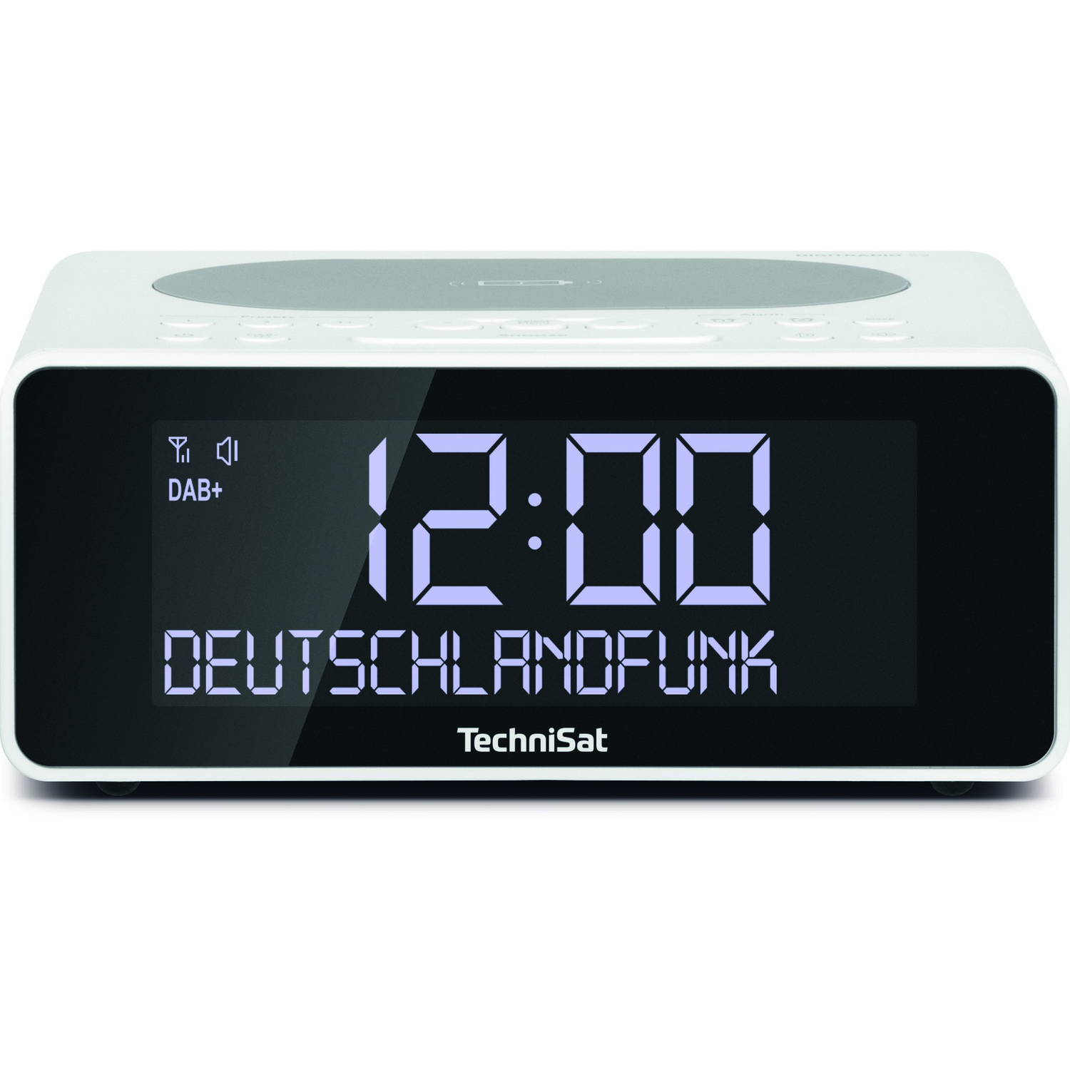 White digital clock displaying 12:00 and "DEUTSCHLANDFUNK." It has a DAB+ logo and the brand name TechniSat.