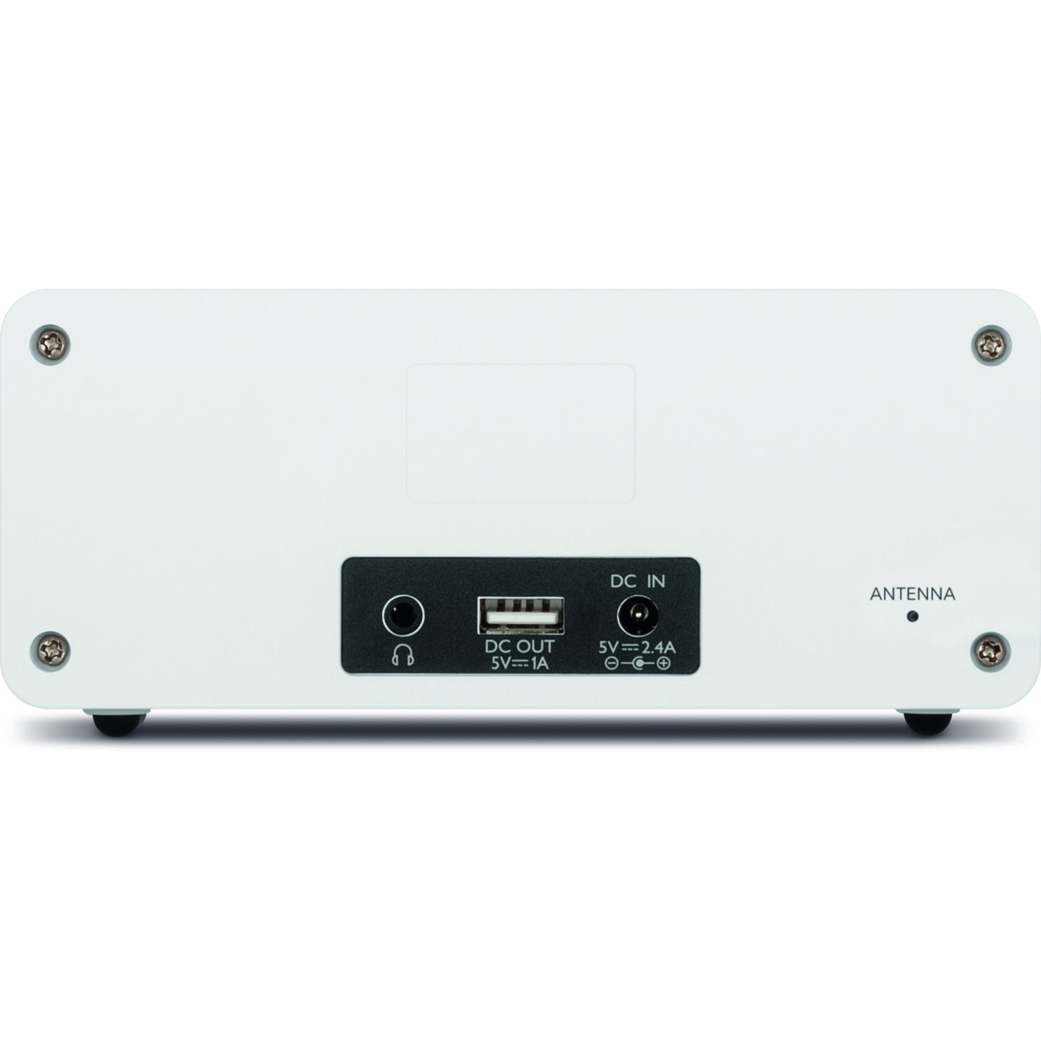White electronic device back with ports: headphone jack, USB, DC in. Antenna mark. Screws in corners. Rounded edges.