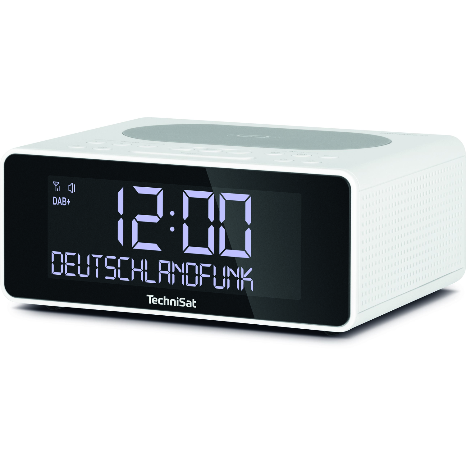A white TechniSat digital clock displays 12:00 and 'DEUTSCHLANDFUNK'. It has DAB+ and a speaker symbol.