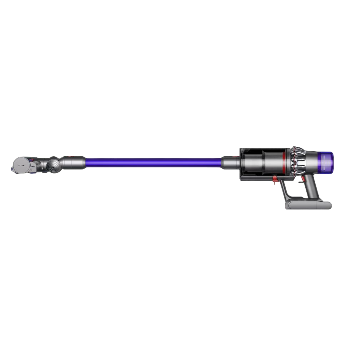 Silver, purple, and black vacuum cleaner on a black background.