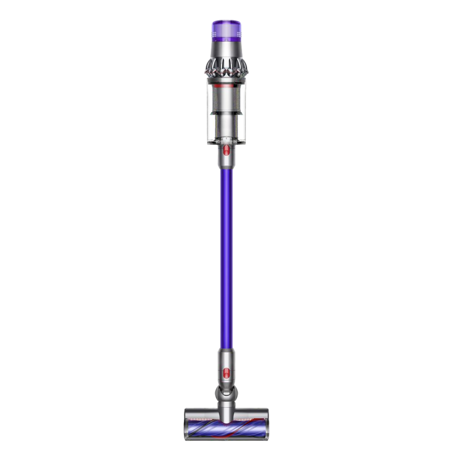 Purple and silver Dyson vacuum cleaner. It is upright and isolated on a black background.