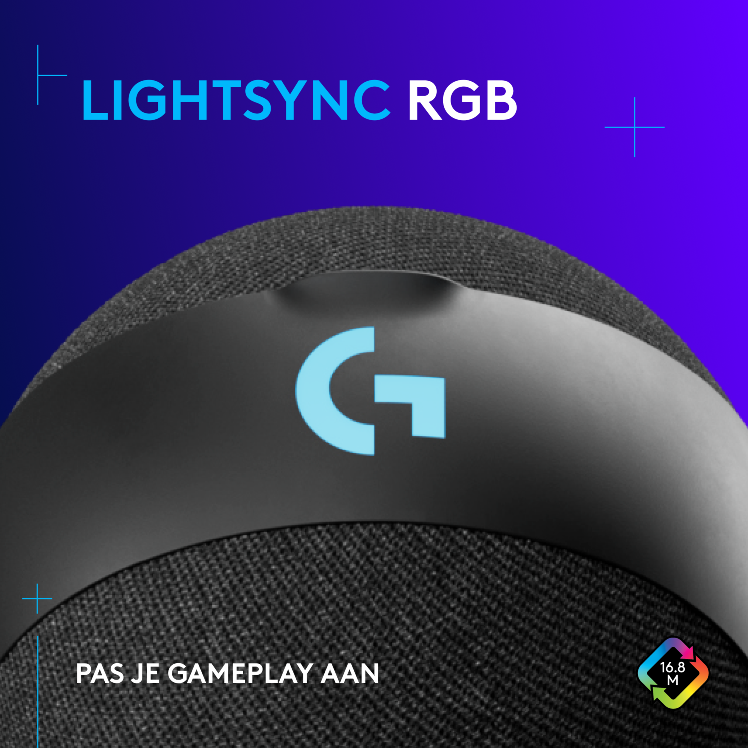 A black speaker with a blue illuminated 'G' logo, with text 'LIGHTSYNC RGB' above.