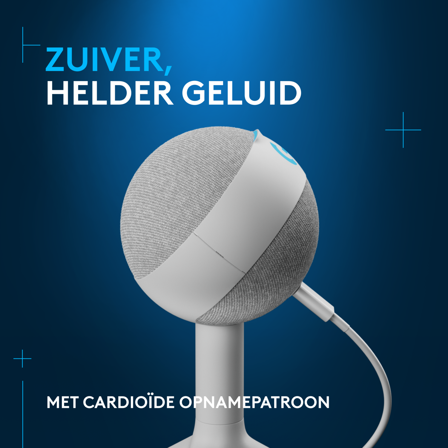 A white smart speaker on a stand with a blue gradient background.