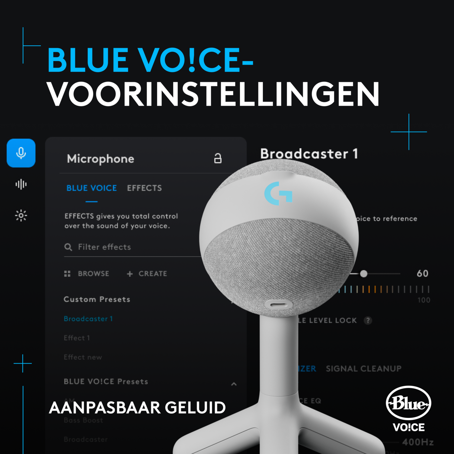 White and gray speaker on a stand. Blue voice settings interface, with controls.