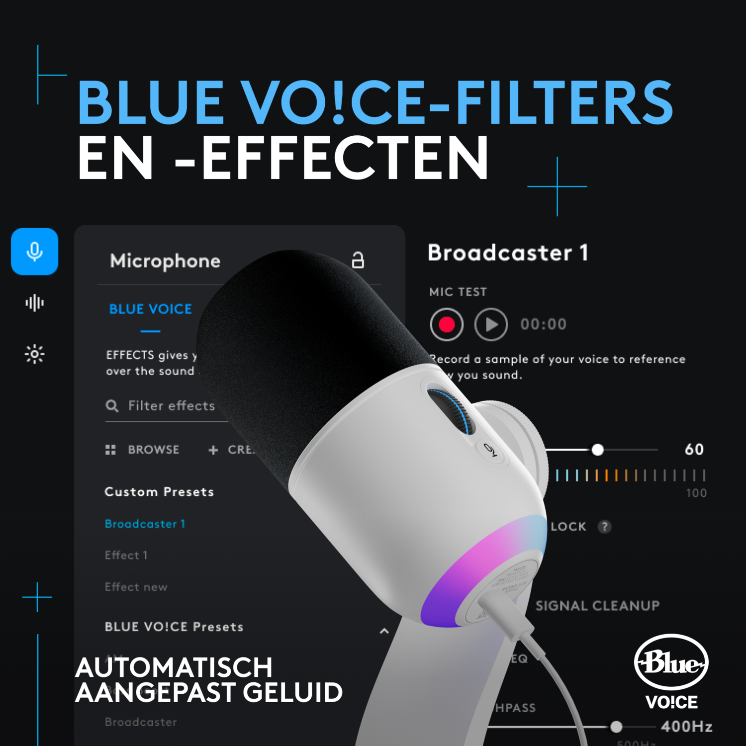 Blue Vo!ce microphone settings on a screen, with a microphone and a white microphone.