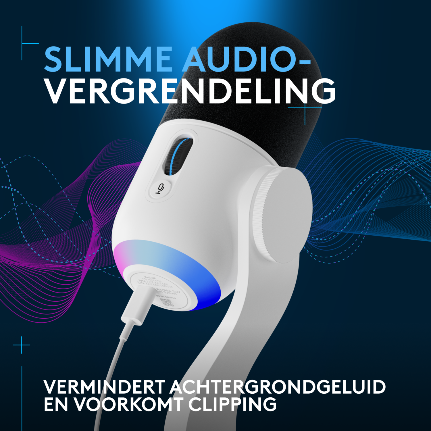 A white microphone with a black cover and blue lighting is shown.