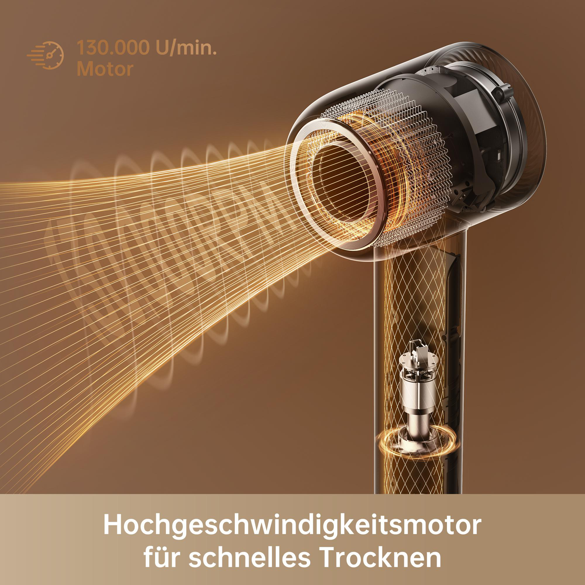 Nahaufnahme eines Haartrockners, der die inneren Komponenten und den Luftstrom zeigt.