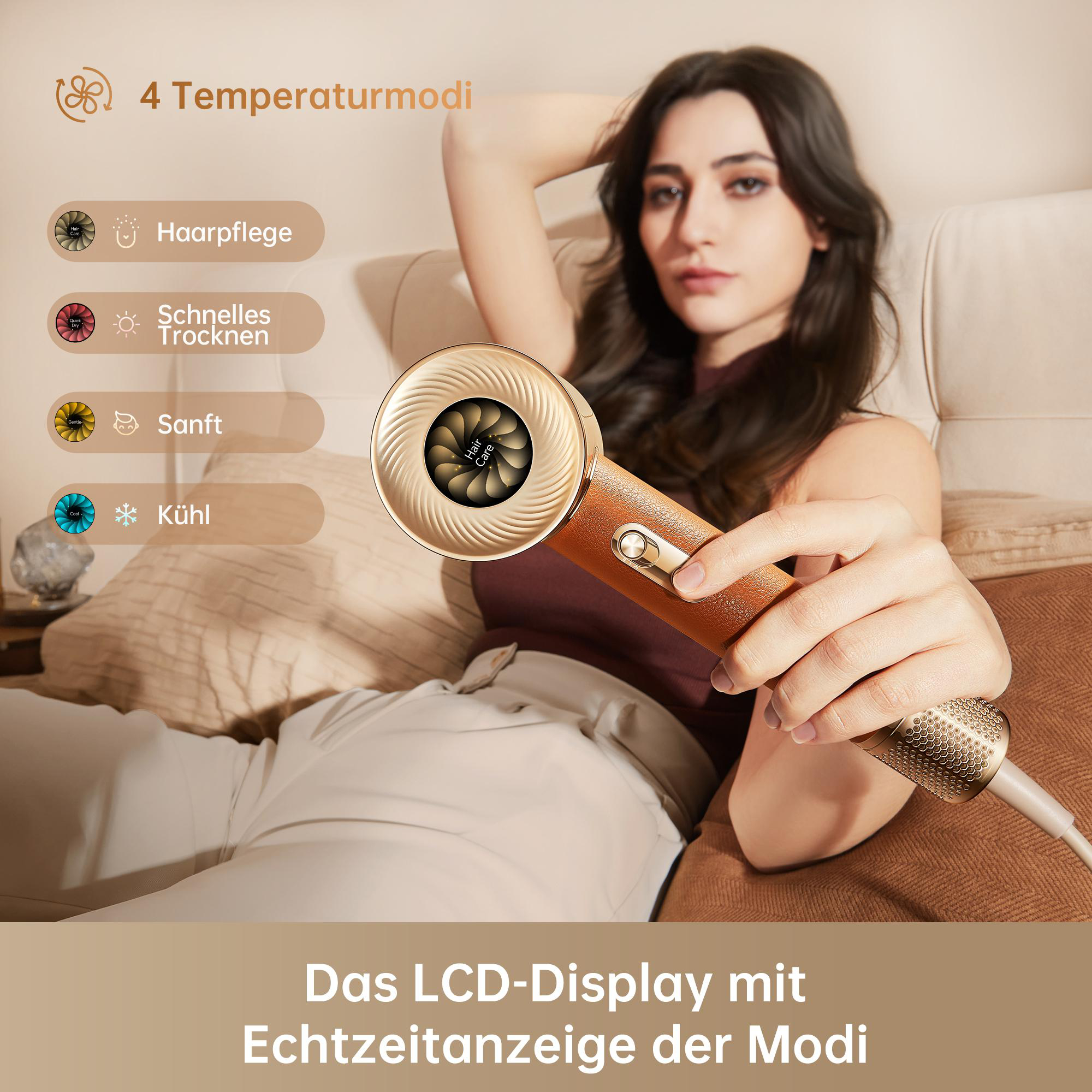 Eine Frau hält einen goldenen Haartrockner, mit Text über Haarpflegemodi.