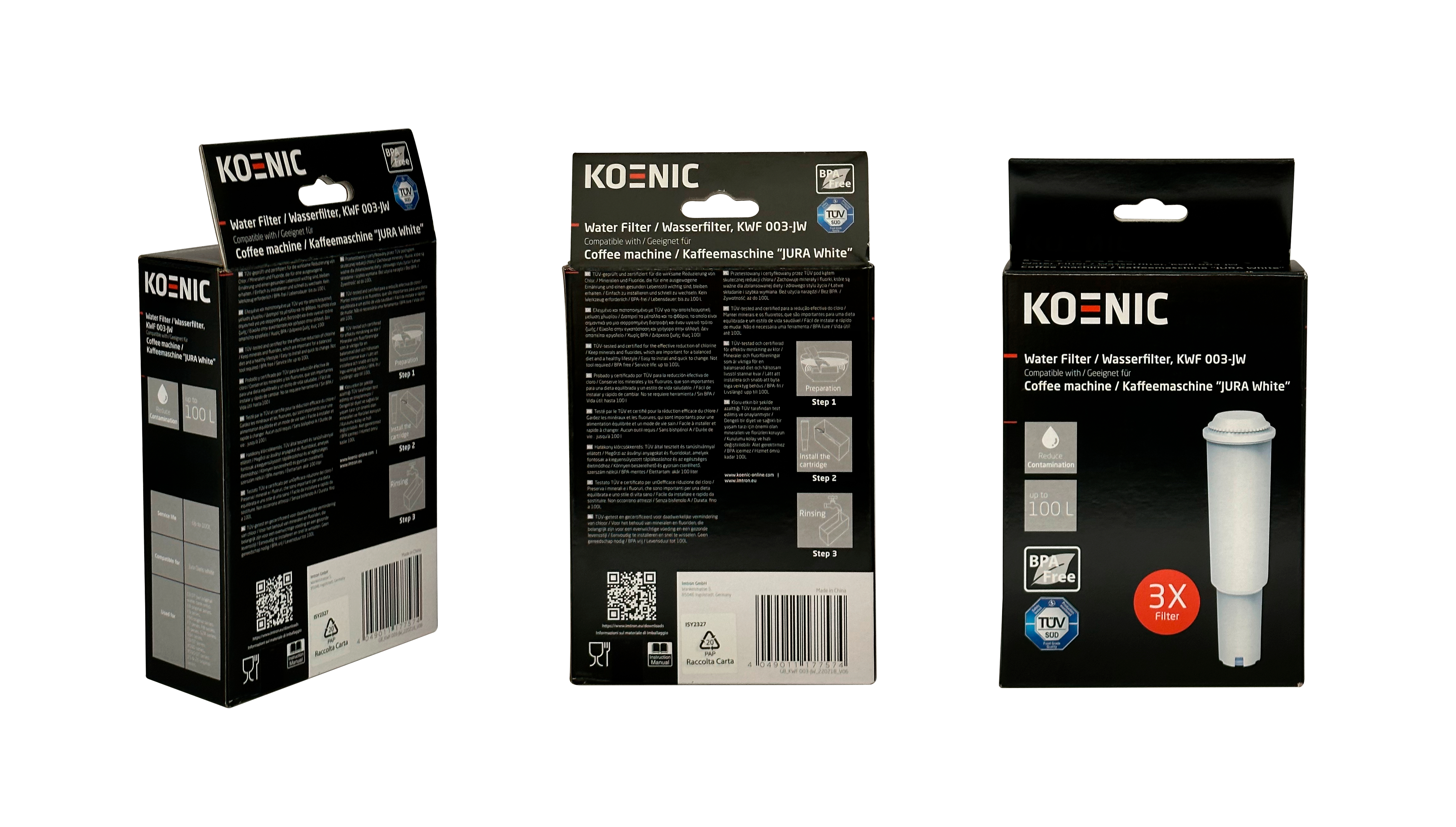 Kaffeemaschinenfilterboxen. Schwarze Boxen mit weißem Text und Produktbildern.