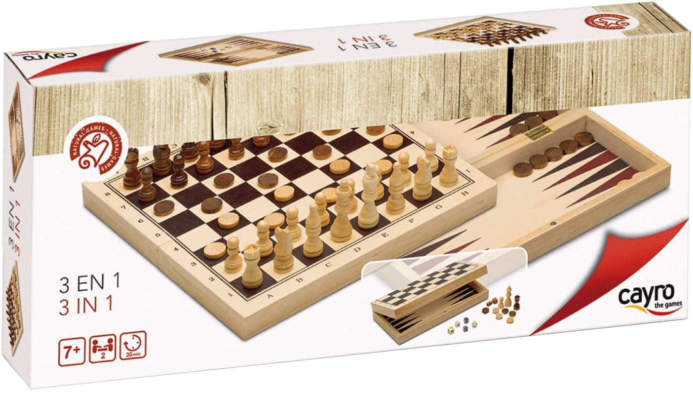 Egy 3 az 1-ben társasjáték doboz sakkal, damával és backgammonnal. Belsejében táblák és bábuk láthatók.