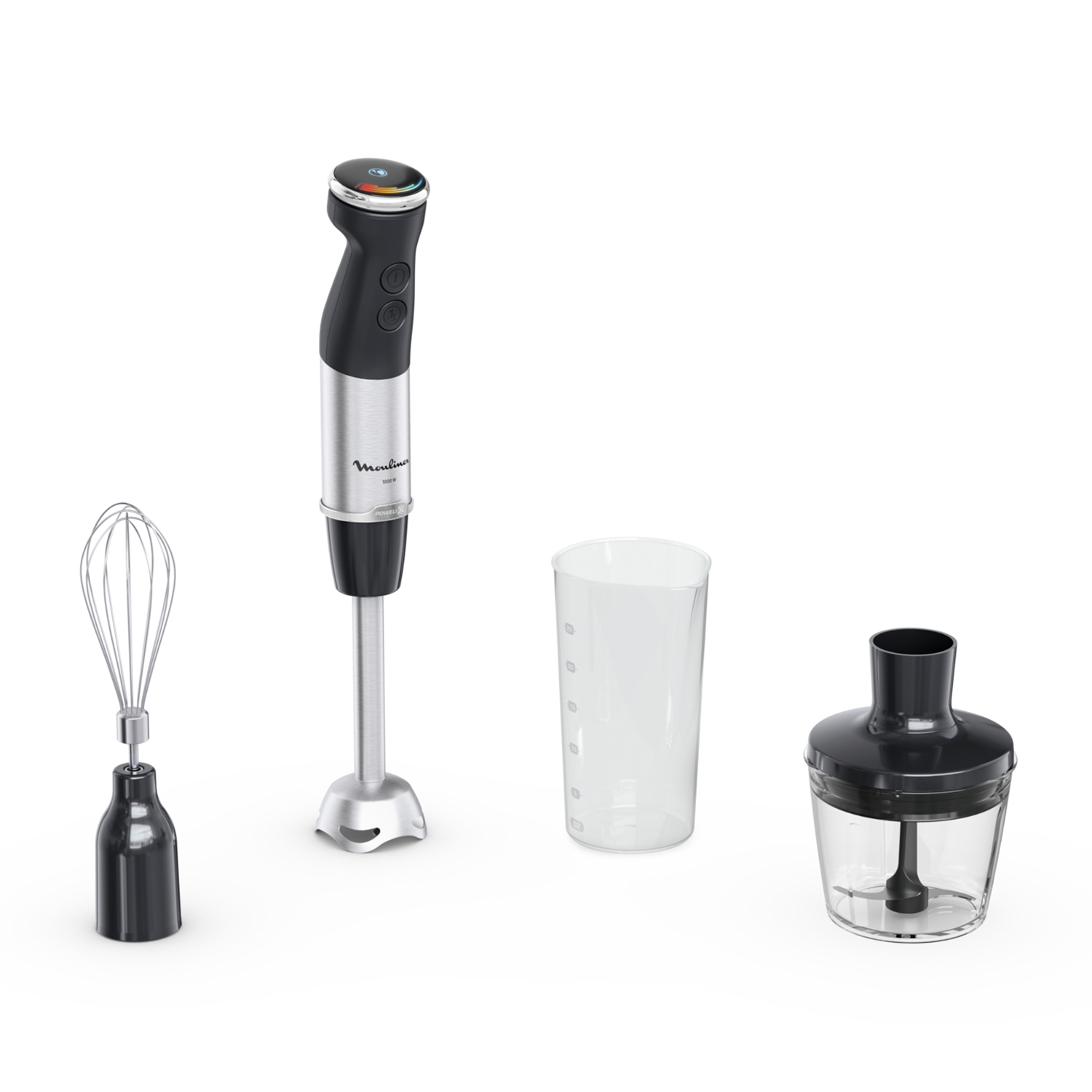 Frullatore a immersione con accessori: frusta, bicchiere e tritatutto su sfondo bianco.
