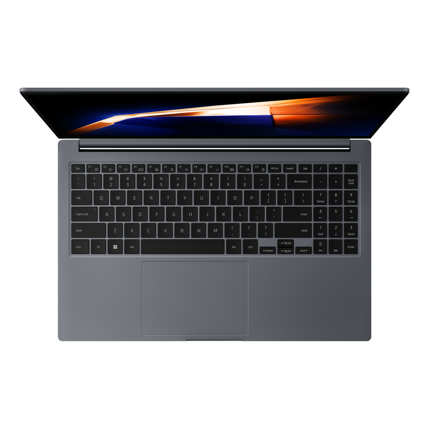 Un ordinateur portable vu de dessus avec l'écran ouvert. Le clavier et le pavé tactile sont visibles.