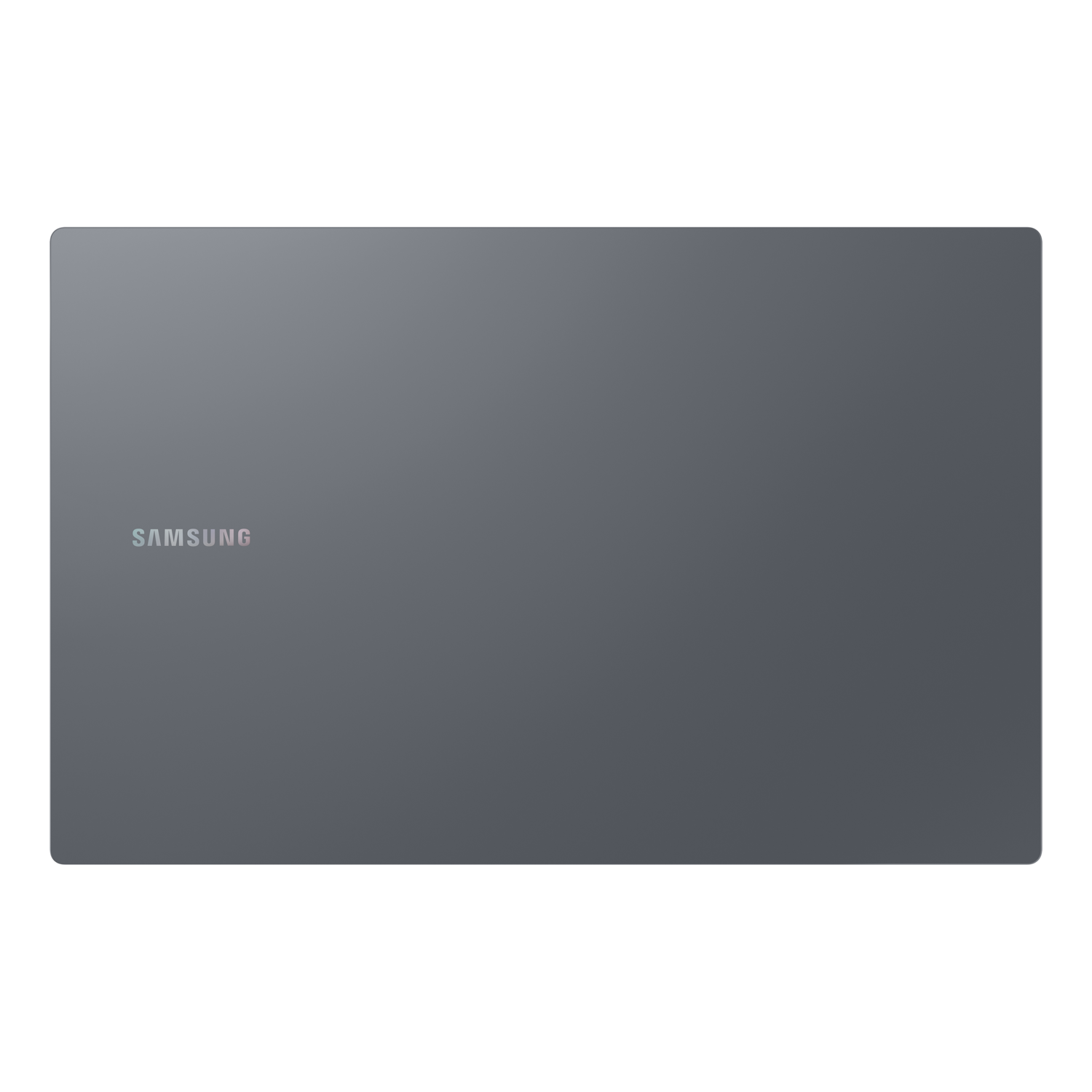 Vue de dessus d'un ordinateur portable gris foncé. Logo Samsung visible.