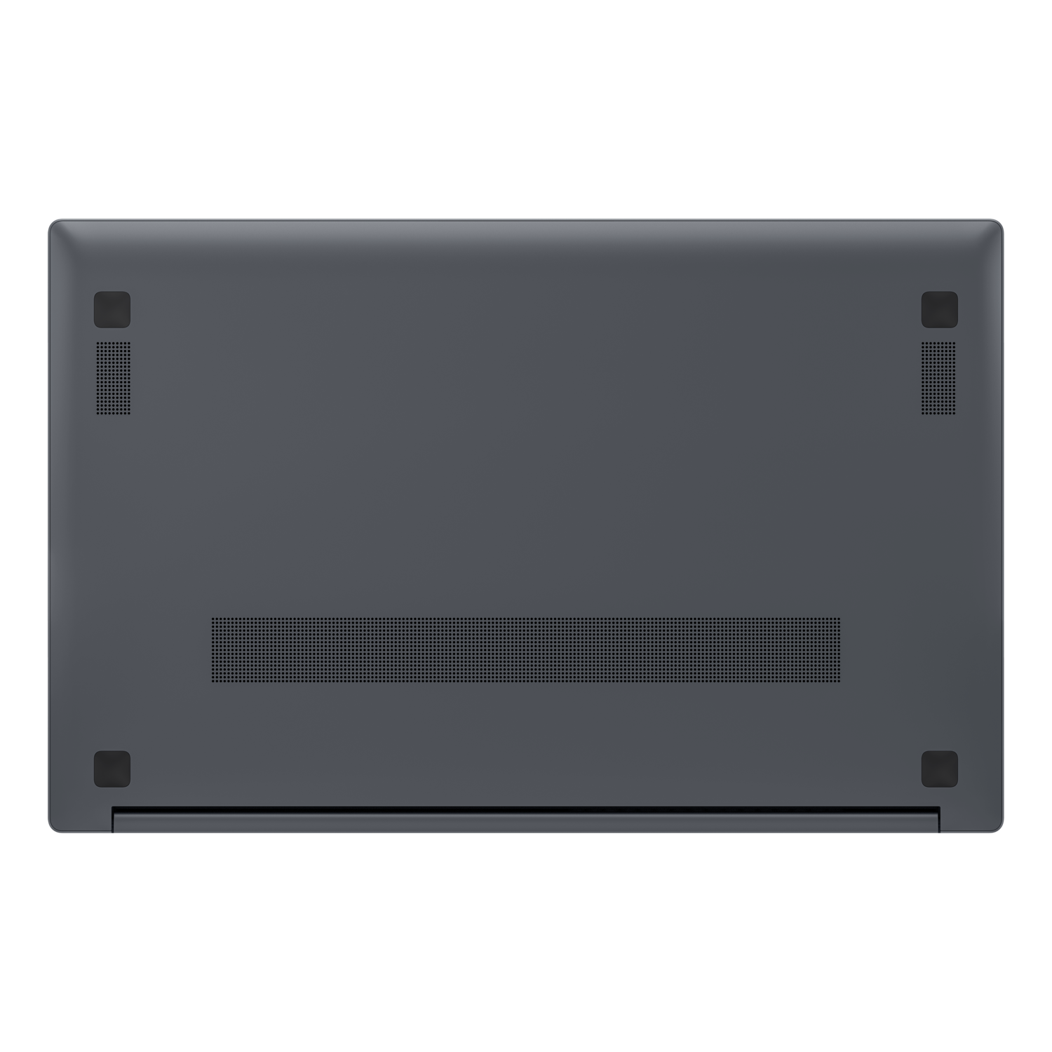 Vue du bas d'un ordinateur portable gris foncé. Avec aérations, pieds en caoutchouc, forme rectangulaire.