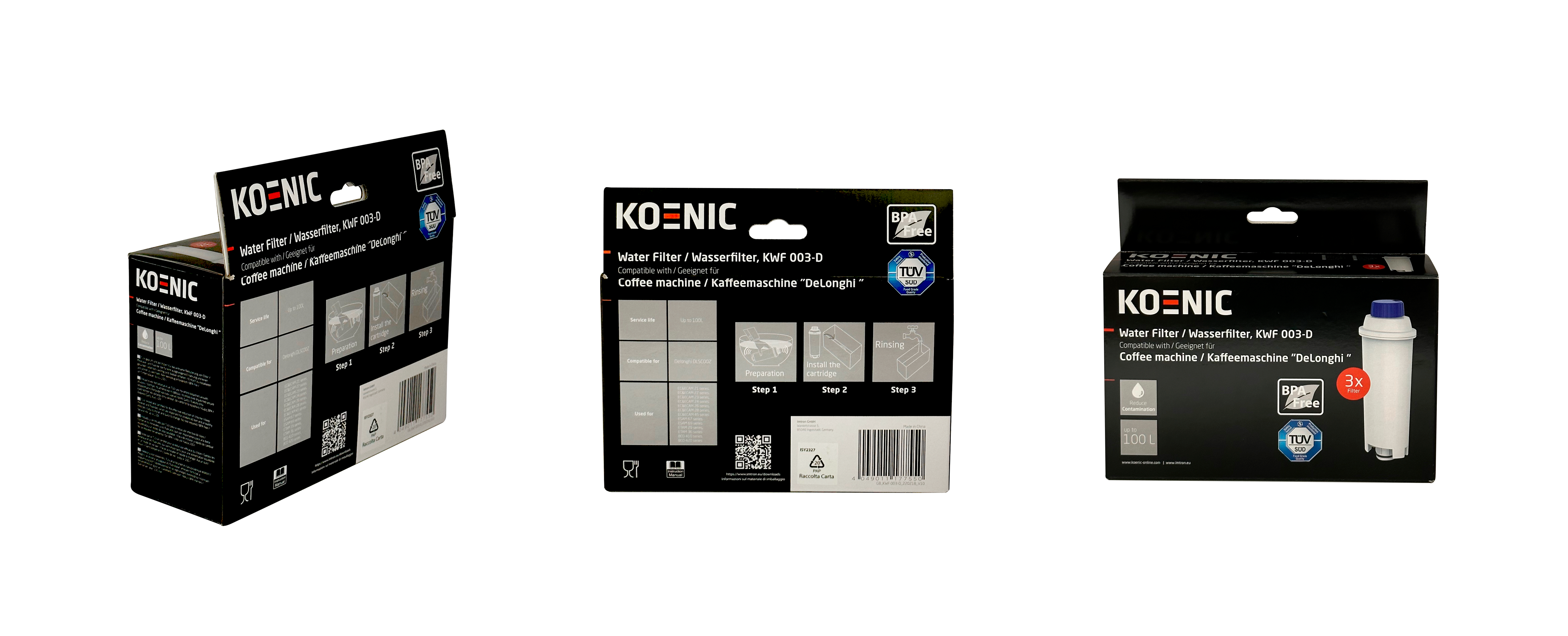 Drei Koenic Wasserfilterboxen auf schwarzem Hintergrund, die verschiedene Seiten und Details zeigen.