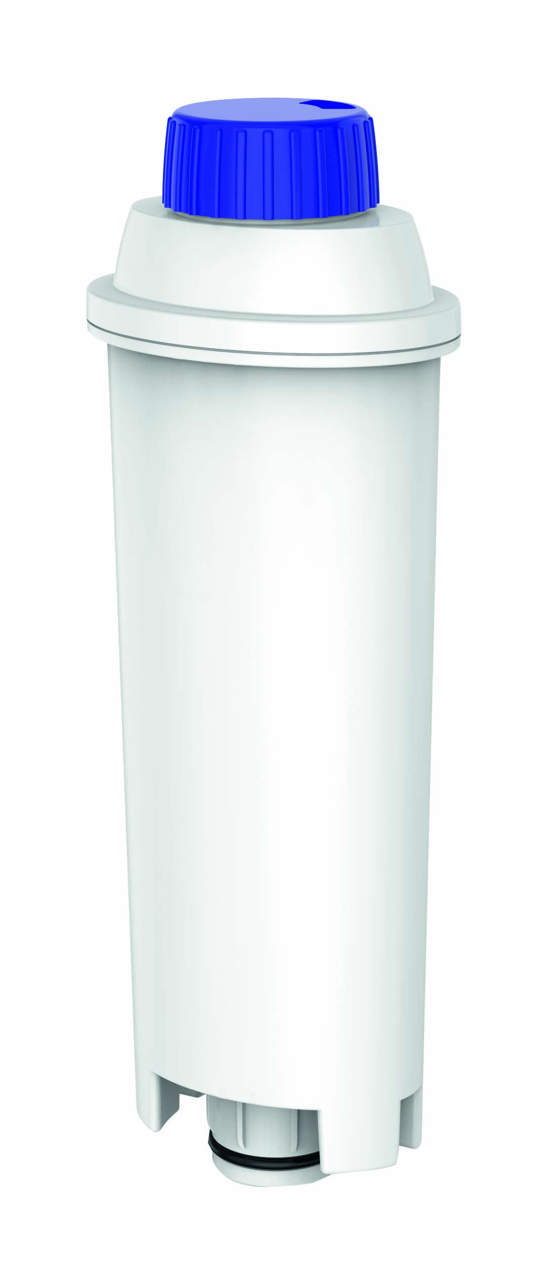 Eine weiße Wasserfilterkartusche mit blauem Deckel.