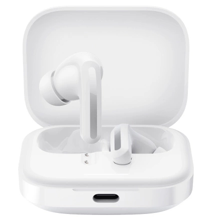 Białe bezprzewodowe słuchawki douszne w białym etui ładującym. Etui jest otwarte, pokazując słuchawki.