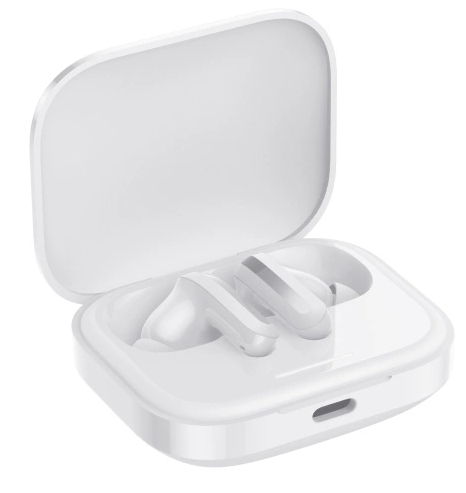 Biały zestaw słuchawkowy w otwartym białym etui ładującym. Etui ma zaokrąglony prostokątny kształt. Słuchawki spoczywają w środku.