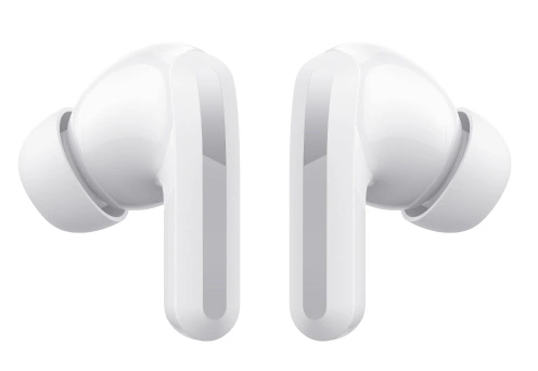 Dwa białe bezprzewodowe słuchawki, lekko pochylone, na białym tle.