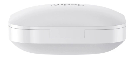 Białe, zaokrąglone, owalne etui ładujące z nazwą "Redmi" na górze.