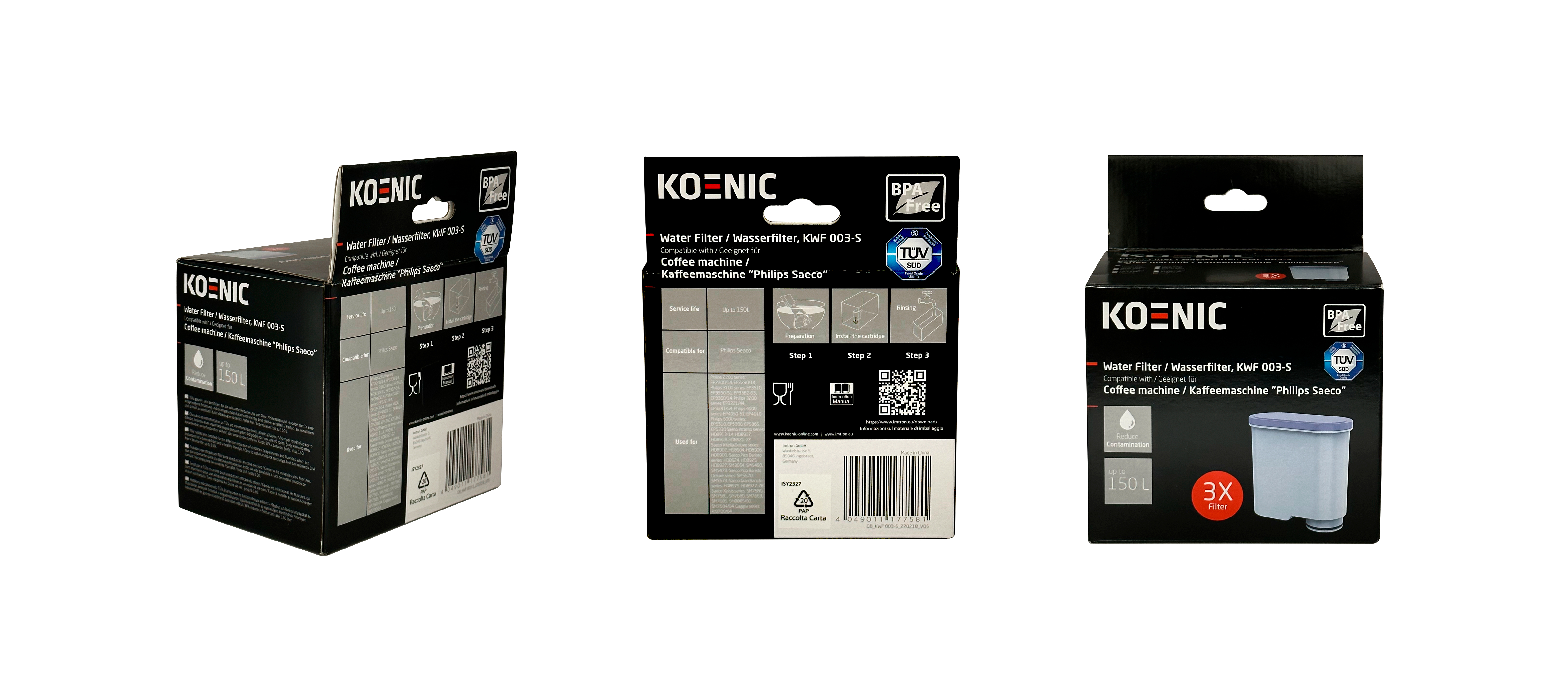 Drei Ansichten einer KOENIC Wasserfilterbox, die Produktdetails und Verpackung zeigt.