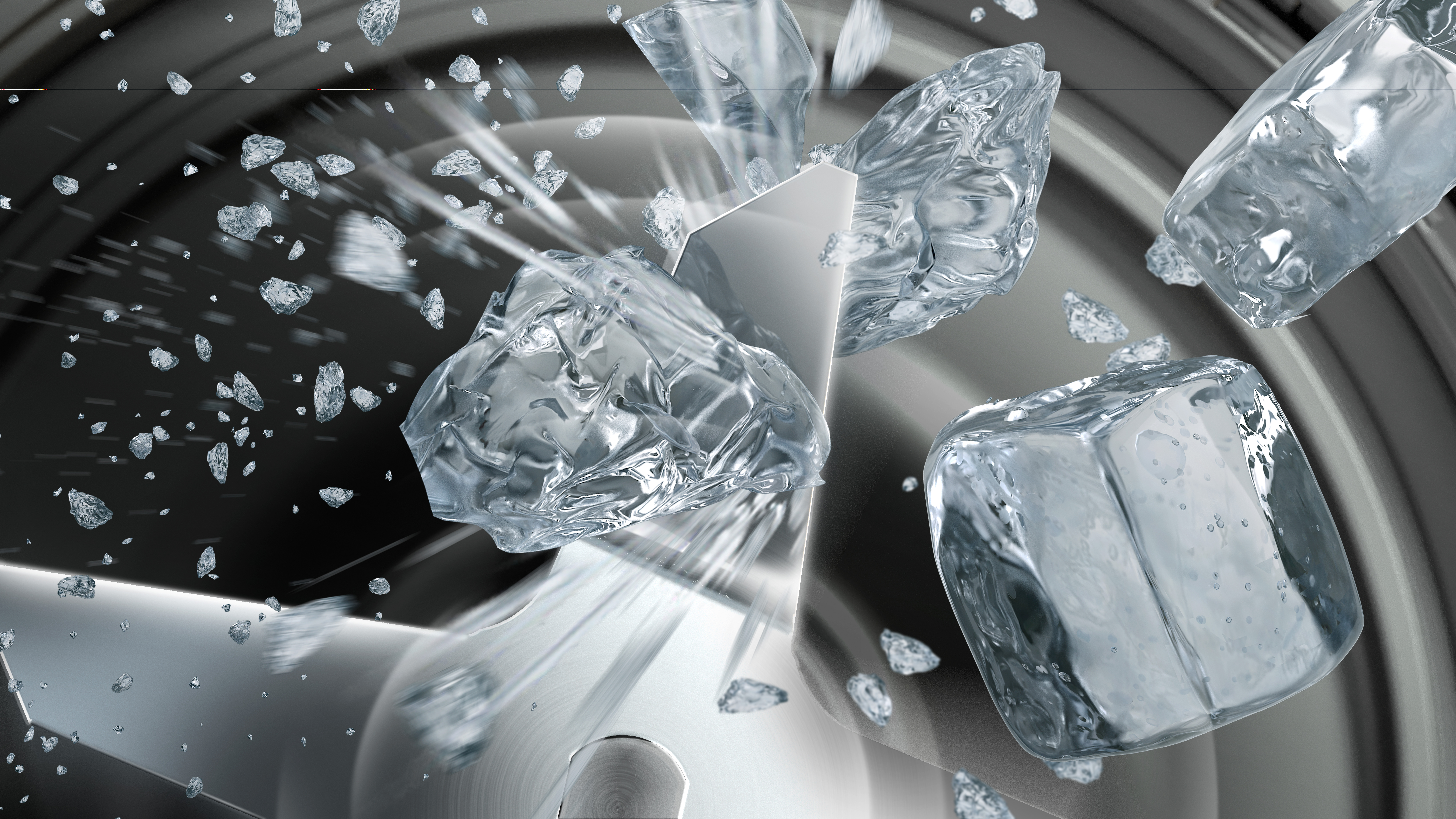 Cubitos de hielo explotando con una cuchilla, fragmentos volando en círculo.