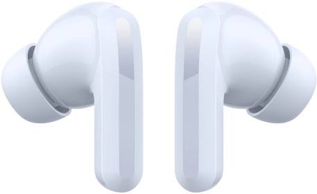 Dwa białe bezprzewodowe słuchawki, obok siebie, na białym tle, zbliżenie.