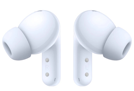 Dwa białe słuchawki skierowane w górę, z widocznymi literami „R” i „L”.